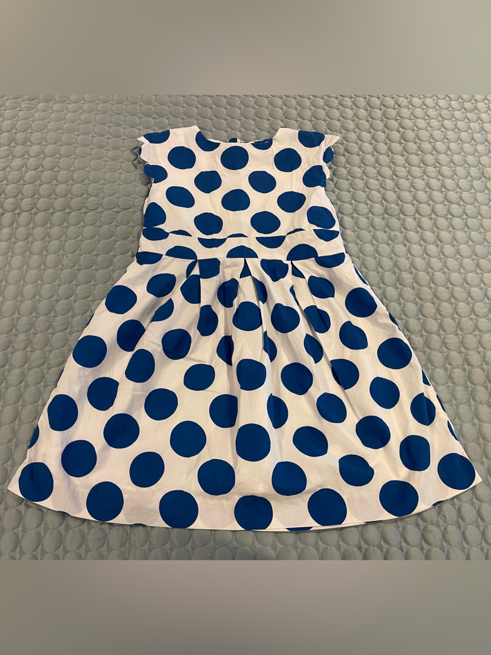 Jacadi White Dress Bold Blue Polka Dots French Scallop Cap Sleeve Sz 6 128cm